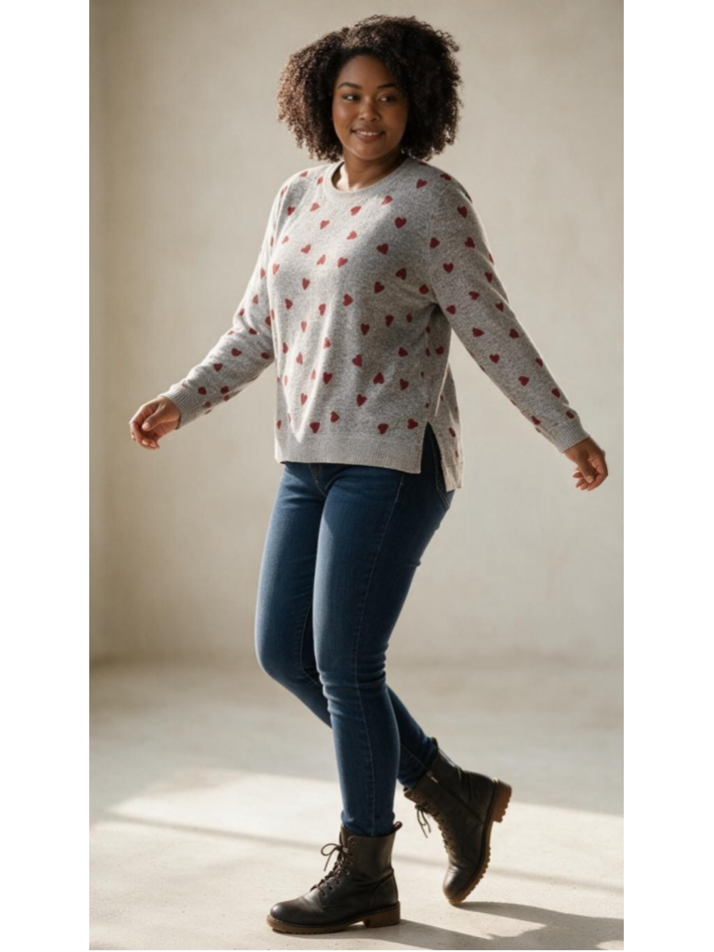 Women's Lucky Brand Grey Heart Print Crew Neck Sweater XL